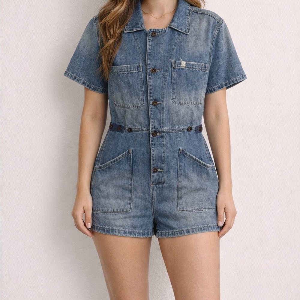 Dance & Marvel Light Blue Denim Shorts Romper Casual One-Piece NWT Size M